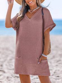 Swimsuit Coverup For Women Waffle Knit V Neck Short Sleeve Beach Coverup Dress With Pockets - Màu hồng đậm - Xem 4