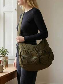 Ladies' Fashionable Multi Pocket Zipper Crossbody Bag, Casual Minimalist Quilted Shoulder Bag, Large Capacity Solid Color Handbag - Green - View 4