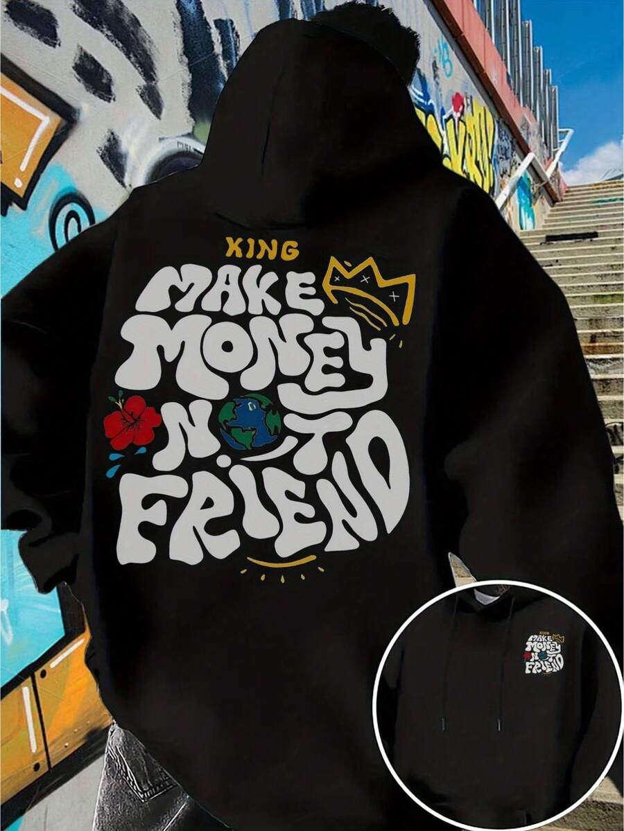 New Men's Fleece Hoodie With Drawstring And Front And Back Print For Autumn And Winter, Machine Washable And Dry Cleanable, Popular Patterns - Simple, Classic, Modern And Fashionable Hoodie - Negro - Ver 1