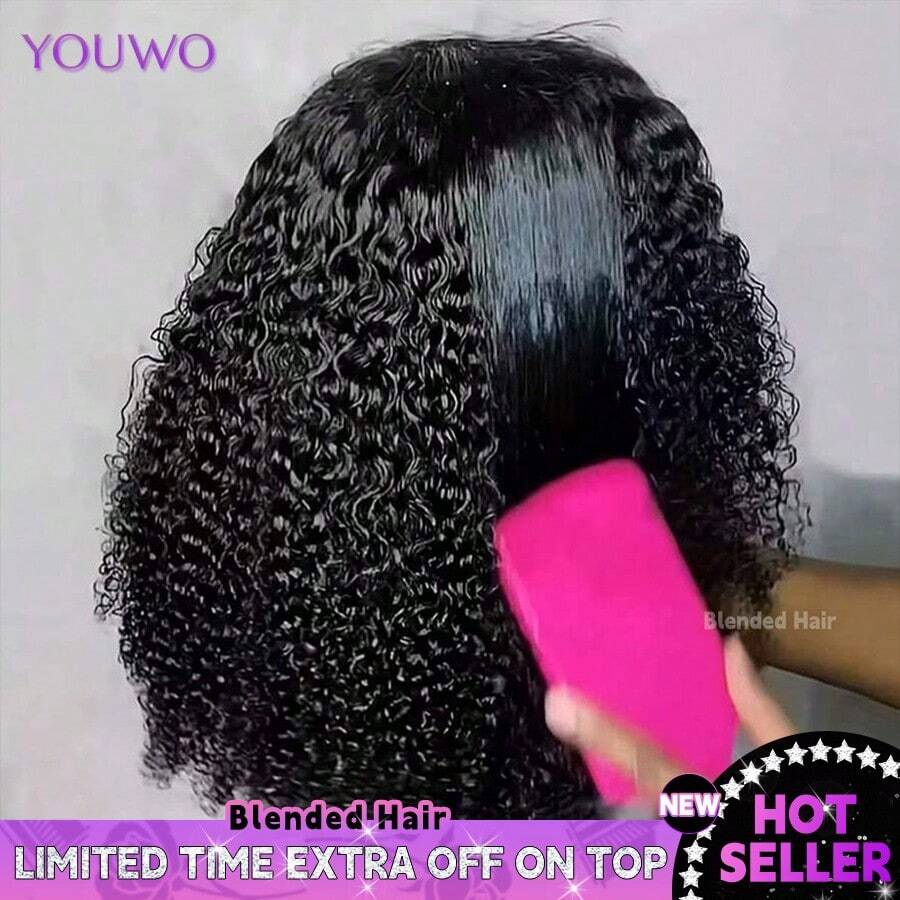 200% 密度 13x4 13x6 卷曲高清蕾丝前额假发 卷曲蕾丝前额手工编织假发，适合女性，带婴儿发，自然发际线，杰瑞卷发假发，精灵短发假发，巴西原生发假发，混纺人发，适合日常佩戴，优雅风格，8-34英寸，150% 密度