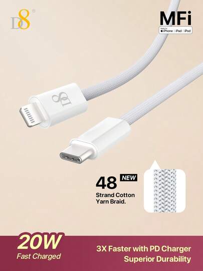 1ม. 3.3ฟุต สายชาร์จ USB-C เป็น Lightning ที่ผ่านการรับรอง MFi D8, สายชาร์จเร็ว PD 20W แบบถักไนลอน, สายเคเบิลข้อมูลซิงค์ที่ทนทาน ยืดหยุ่น ป้องกันการพันกัน เข้ากันได้กับ IPhone 14/14 Plus/14 Pro/14 Pro Max/13/13 Mini/13 Pro/13 Pro Max/12/12 Mini/12 Pro/12 Pro Max/11/11 Pro/11 Pro Max/XR/XS/XS Max/X/8/8 Plus/7/7 Plus/6S/6S Plus/SE 2022/SE 2020/ Air 5/4/ Pro 12.9/11-นิ้ว/ Mini 6/5