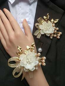 2pcs/1pc Elegant Shell Flower Ivory Color Alloy Brooch And Wrist Corsage, Suitable For Bride & Groom Wedding Decor, Formal Dinner, Party, Summer - Milky White - View 5