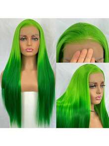 13x4 Lace Front Wig - Green Ombre Lace, Pre-Plucked, Heat Resistant Fiber, Big Wavy Curls, Suitable For Daily Wear, Festivals And Cosplay - Multicolor - View 9