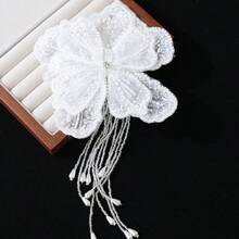 白色花朵串珠亮片流苏发夹，新娘婚礼配饰 - 白色 - 查看 7