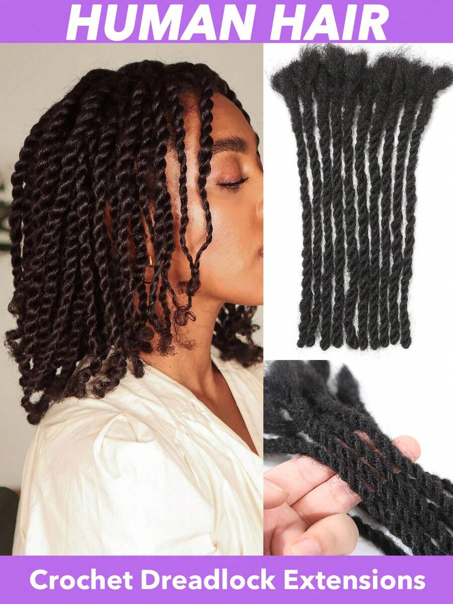 Tóc nối dreadlock bằng tóc thật, rộng 0.4 cm, kiểu xoắn hai sợi, 10 sợi. Sản phẩm được làm thủ công hoàn toàn, dễ dàng lắp đặt và tết nhanh chóng. Màu đen tự nhiên, dài 8-10 inch, phù hợp cho nam, nữ và trẻ em. Có thể nhuộm, tẩy hoặc uốn xoăn. - Natural Black - Xem 1