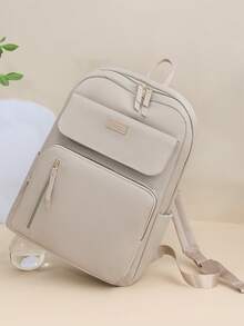 Ransel Wanita Bahan Nylon Warna Polos Berbahan Quilted, Kapasitas Besar, Serbaguna, Tas Pelajar Kasual Minimalis, Tas Komuter, Perlengkapan Sekolah. - Krem - View 4
