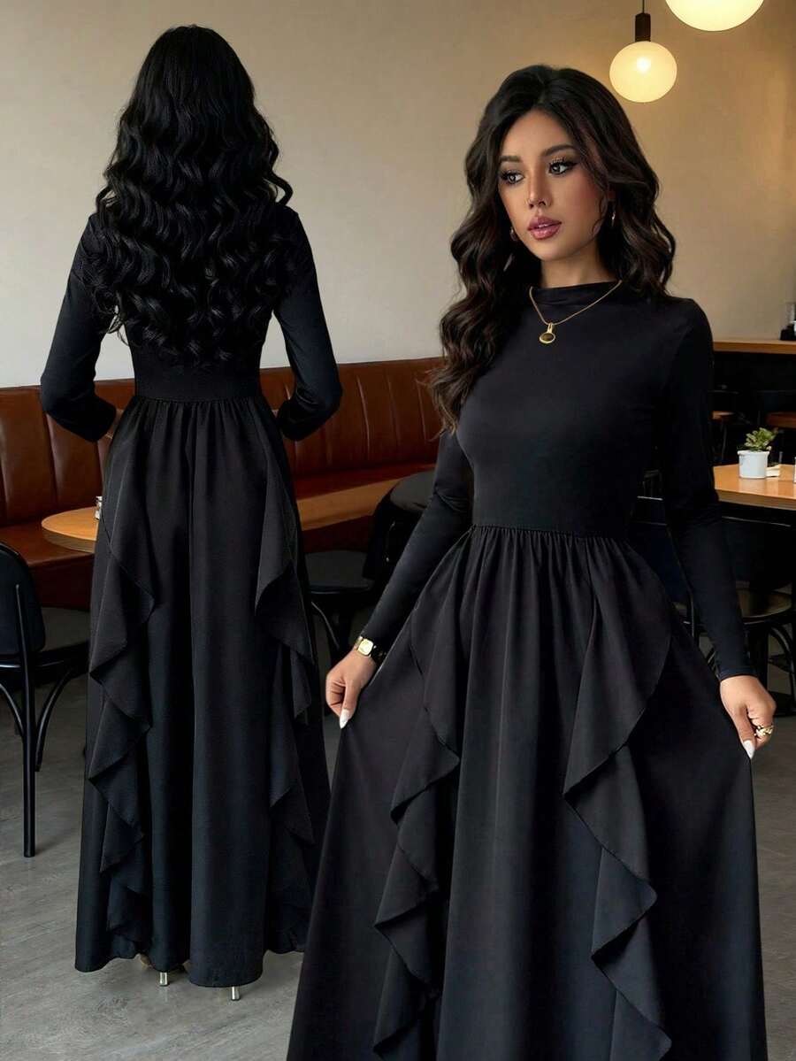 unicolor de otoño, elegante y conservador, asimétrico/con pliegues y encaje/borde con volantes, adecuado para uso diario, festivales, fiestas de cumpleaños, San Valentín, negro - Negro - Ver 1