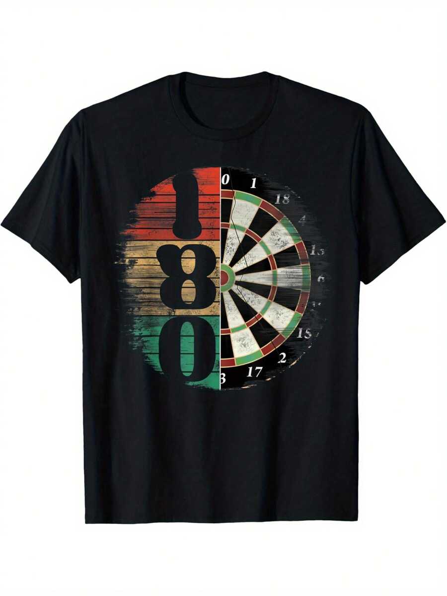 Camiseta Gráfica Retro para Hombre con Diseño de Dardos 180 de los 80 - Camiseta Negra Casual de Manga Corta con Estampado Digital Desgastado, Ideal para Actividades al Aire Libre en Verano, Perfecta para Entusiastas de los Dardos y Uso Diario, Material Lavable. - Negro - Ver 1