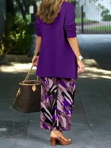 3pcs Women's Fashionable Printed Commuting Outfit Set Vacation Spring Elegant Summer - Purple - View 2