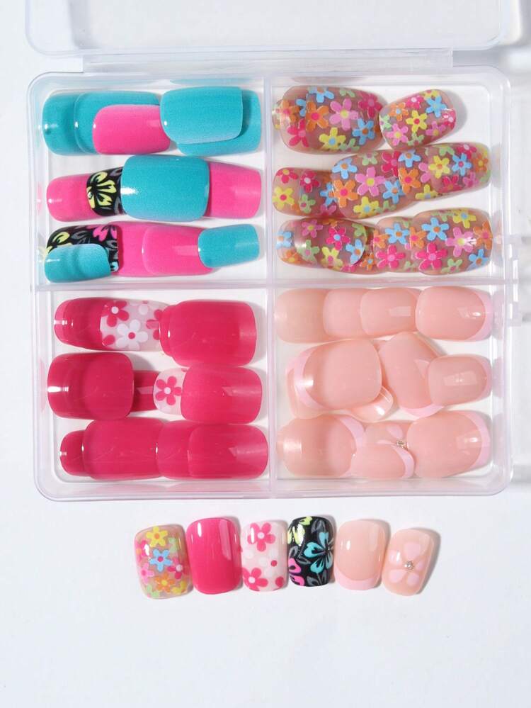 96pcs (4 Mixed Styles) Short Square Pink Cat Eye Nail Stickers, Colorful Floral, Maple Leaf & Gold Powder Designs, Suitable For Spring, Summer & Autumn, Easy-To-Wear Acrylic False Nails Set, Includes 1 Bottle Of Jelly Glue And 1 Nail File, Suitable For Women's Daily Life And Various Parties - Multicolor - View 4