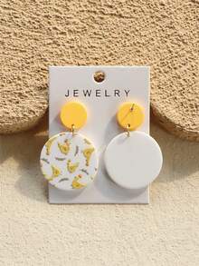 1对女士小鸡印花陶瓷质感可爱圆形亚克力耳环 - 彩色 - 查看 8