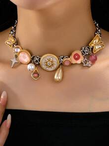 1件Y2K花卉系列项链，饰有鸡蛋花/蝴蝶/仿珍珠元素，迷人的链条项链，适合女性在春夏派对/音乐节上佩戴。 - 彩色 - 查看 2