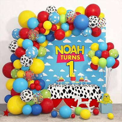 134pcs Red, Yellow, And Blue Balloon Arch Kit: Red, Blue, Green, And Yellow Latex Balloon Garland With Cow Print-Party Balloons For Birthday Parties And Farm-Themed Party Decorations