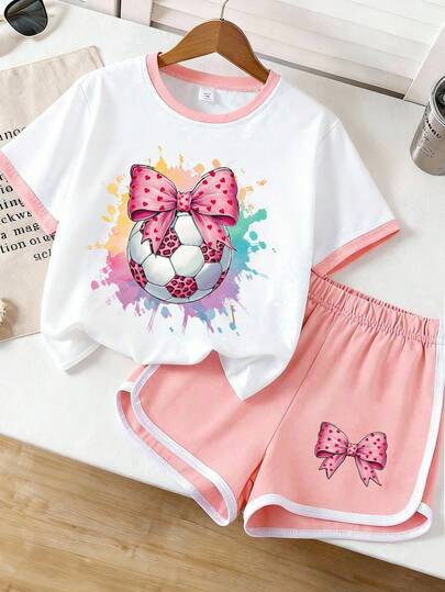 Tween GirlsSummer Sports Set, Heart Leopard Print & Bow Decor Football Graphic Round Neck Short Sleeve Top Paired With Pink Casual Shorts, 2pcs, Sweet & Fashionable, Suitable For School Daily Wear And Light Sports
