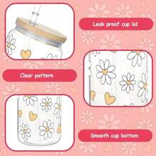 1个470毫升/16盎司可重复使用、易于清洁、轻便耐用的PC材质雏菊图案吸管水瓶，时尚可爱，白色背景搭配黄色雏菊图案，简约圆柱形瓶身，竹制瓶盖，防漏密封 - 彩色 - 查看 6