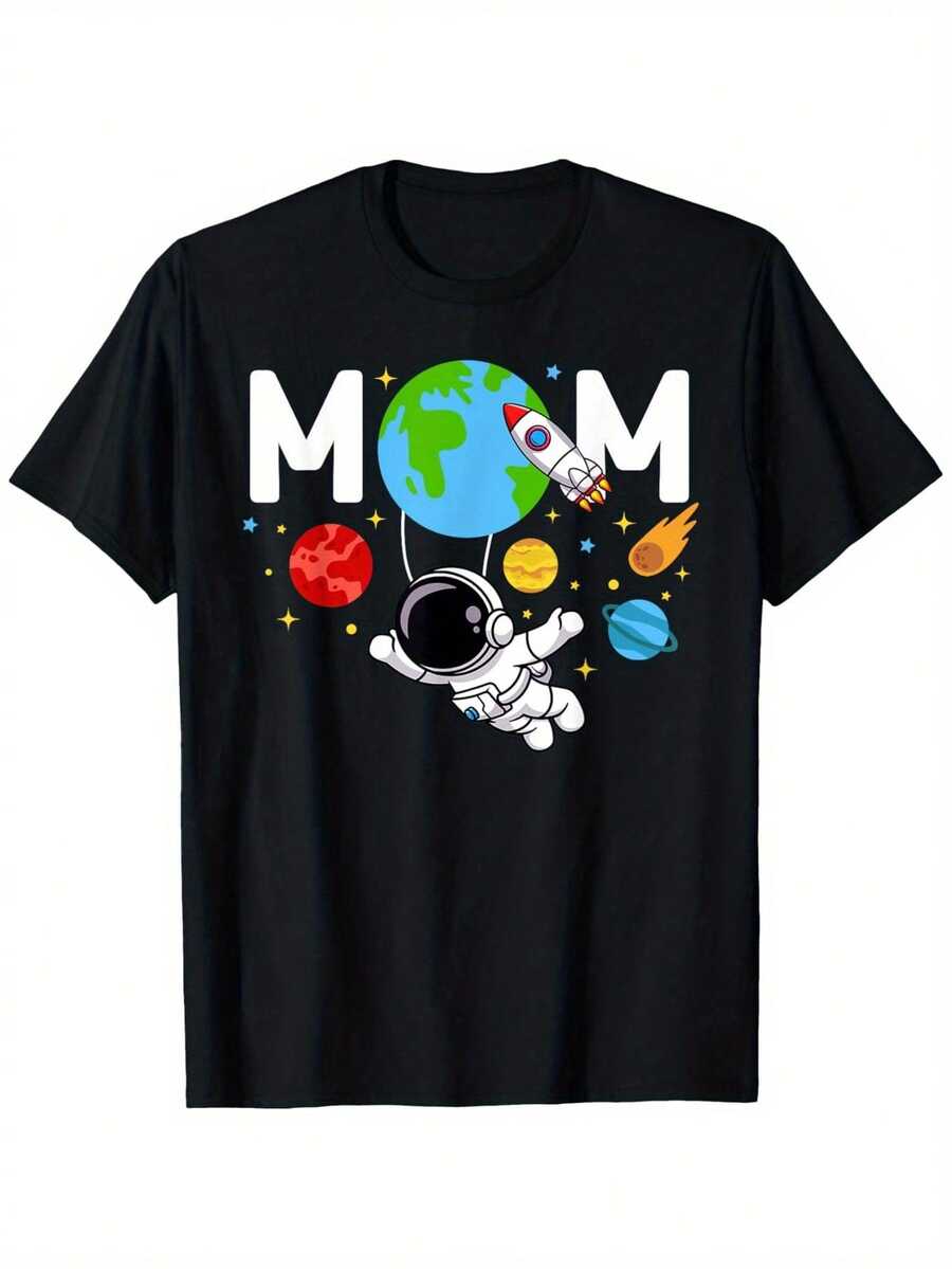Leisure[Cotton Mom T-Shirt] 100% Cotton Unisex Casual Mom Mommy Mother Space Astronaut Birthday Family Matching T-Shirt Round Neck Outdoor Short - Black - View 1