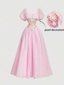 MOD Women's Ruffled Square Collar Short Puff Sleeve Floral Jacquard Elegant Dress, Valentine Day, Wedding, Elegant Dresses, Pink Dress, Wedding Guest Dress For Women, Spring/Summer Outfits, Tea Party Outfit Women, Cottagecore Dress, Holidays, Birthday, Festival, Tea Party Dress, Floral Maxi Dress, Puff Sleeves Dress, Vintage, Retro - Quả mơ - Xem 8