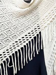 1件波西米亚风针织镂空大三角围巾，女士夏季沙滩纱笼流苏抹胸上衣，女士披肩 - 彩色 - 查看 4