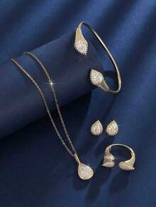 4件套女士新款欧美复古水漾简约百搭开口手链戒指项链耳环套装 - 彩色 - 查看 6