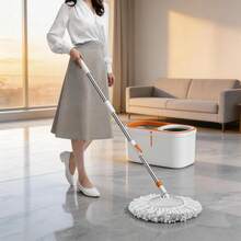 2026 Hot Spring Summer Popular Floor Spin Mop And Bucket Set With Wringer System, 61" Extended Stainless Steel Handle For Home Floor Cleaning, Includes 5 Replacement Microfiber Mop Heads & 1 Cleaning Brush Head, Wet & Dry Floor Cleaner For Hardwood, Tile, Laminate, Vinyl, Household Cleaning Tool, Perfect For Daily Use, Birthday Party, Holiday Cleaning & Ideal Festival Birthday Gift For Family, Friends, Homeowners - 白色和橙色 - 查看 8