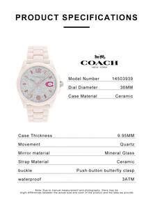 Coach GREYSON Series Women's Watch, Pink Case Pink Ceramic Strap - 粉色 - 查看 4