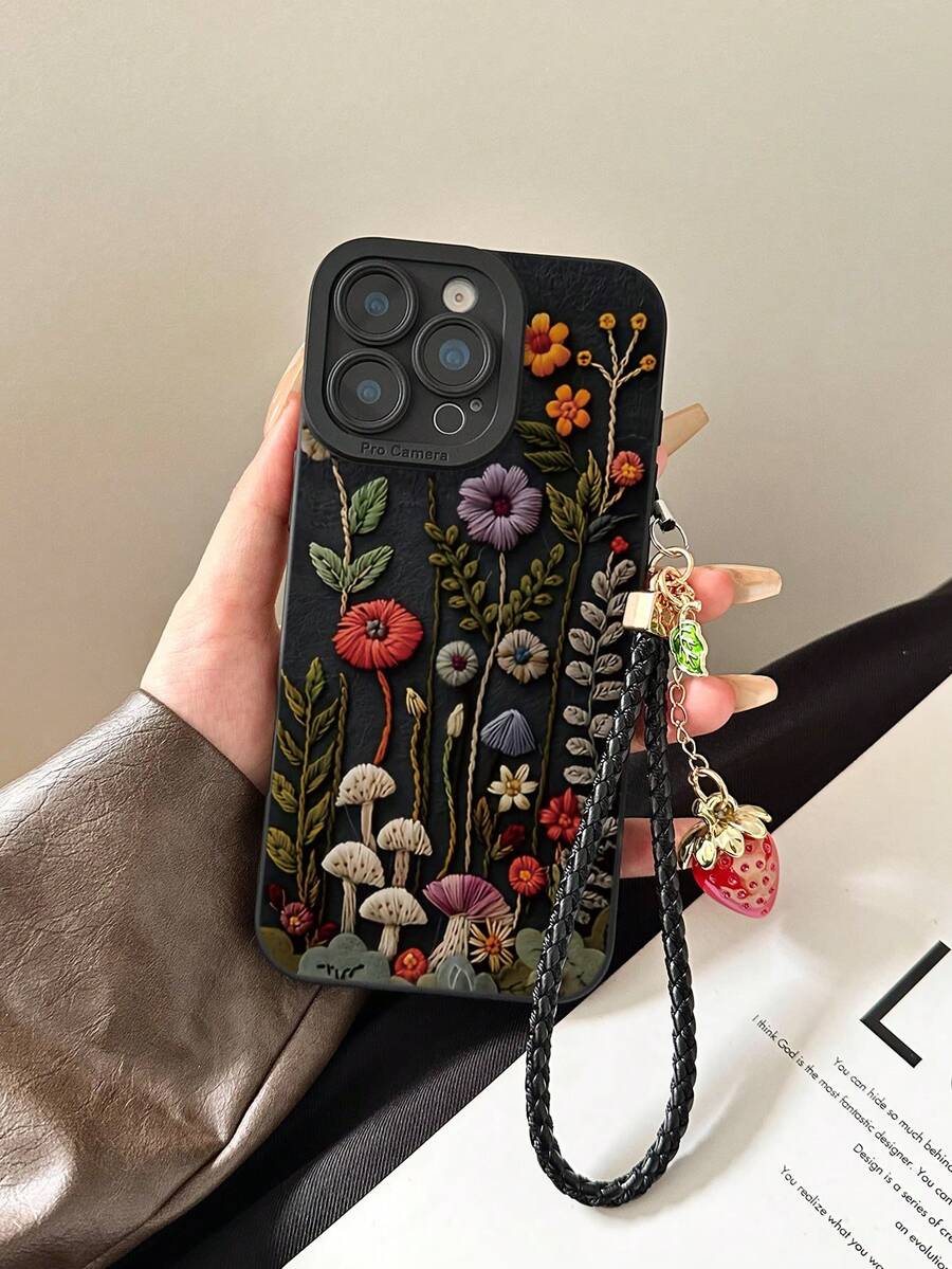 Minimalist Black Flower Elements 3D Embroidery Texture Mushroom Pattern Fashion Phone Case Floral Painted Perforated Black Painted With Strawberry Rope Creative Anti-Drop Phone Case Compatible With IPhone 17/17 Pro/17 Pro Max/16/11/16 Pro/16 Plus/16 Pro Max/16e/15 Pro Max/13/14/12/XS/XR/7G/8P, Galaxy 11/12 Pro/12/12X/13 Pro/14 Pro/15 Pro/X3 Pro, 10/9/Note 9/12C/Note 11 Pro/Note 8 Pro/9C/9A Spring Birthday - Multicolor - View 1