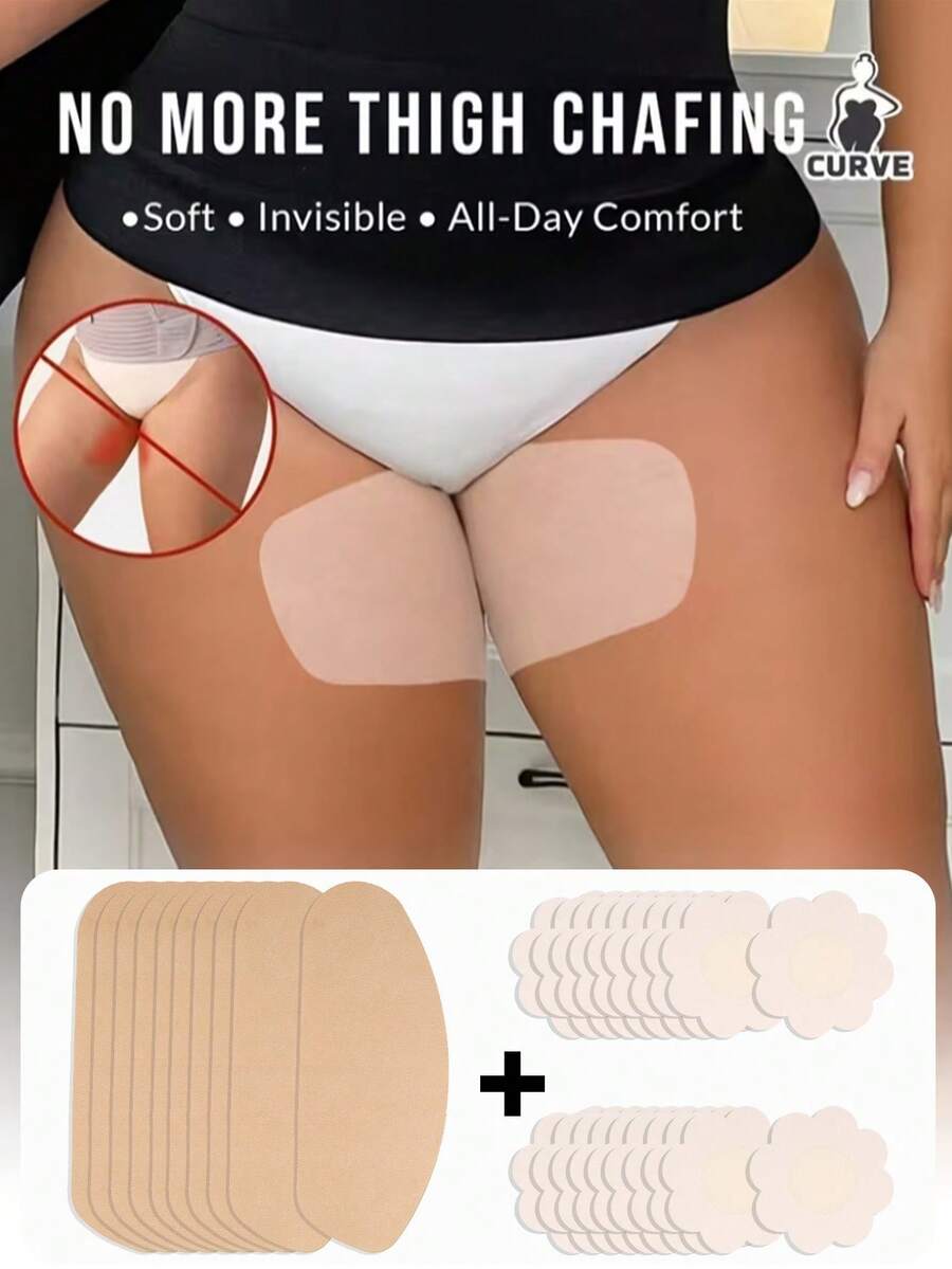 30 Invisible Skin-Friendly Patches| Anti-Friction Invisible Patches, Suitable For Underwear, Various Styles, Breast Petal Patches, Solid Color, Anti-Chafing Patches For Inner Thighs, Sweat-Proof And Anti-Friction Leg Protector, A Must-Have Item For Women In Summer - 10片大腿防磨貼+20片花形乳貼 - 查看 1