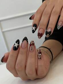 24pcs Black 3D Rhinestone Nail Stickers, 3D Butterfly Leopard Print & Star Cherry Design, Salon Quality Nail Art Decals With Nail Tools, Ideal For Women - Multicolor - View 4