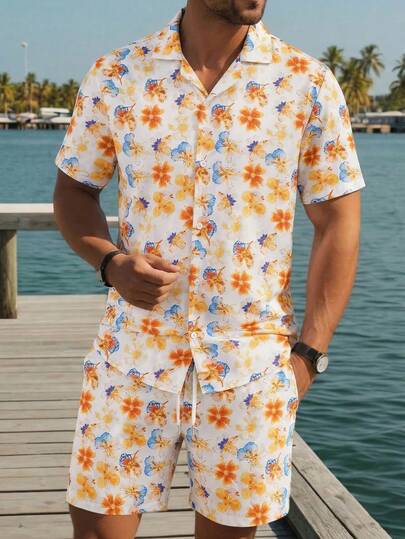 男士两件套衬衫短裤套装，柔软透气面料，黄色印花衬衫，抽绳腰带短裤，夏威夷度假风，可机洗，适合夏季海滩度假