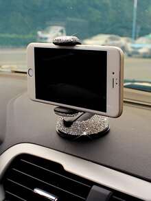 1个闪亮钻石车载手机支架，防震可调节，带强力吸盘底座，360°旋转导航支架 - 銀色 - 查看 4