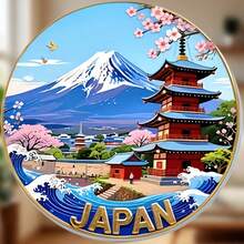 珐琅日本塔樱花冰箱贴：金属奖章风格，蓝白渐变，红色塔身，粉色樱花，浮世绘波浪纹，金色“Japan”字样——日本自然与文化的微缩收藏 - A - 查看 1