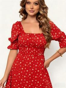 Women's Midi Dress With Floral Print, Square Neckline, Puff Sleeves, A-Line Silhouette, Ruffled Hem, Knee-Length. - 紅色 - 查看 2