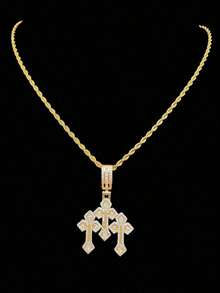 1pc Cubic Zirconia Cross Pendant & 1pc Stainless Steel Twisted Chain Necklace, Unisex Hip Hop Punk Pendant Necklace, Fashionable Vintage Jewelry, Suitable For Daily Wear Or Party, Gift For Valentine - 黃金 - 查看 1