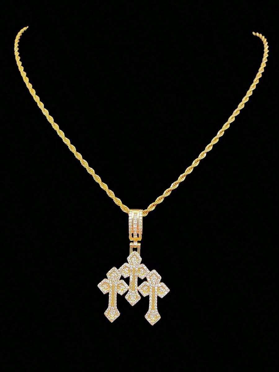 1pc Cubic Zirconia Cross Pendant & 1pc Stainless Steel Twisted Chain Necklace, Unisex Hip Hop Punk Pendant Necklace, Fashionable Vintage Jewelry, Suitable For Daily Wear Or Party, Gift For Valentine - 黃金 - 查看 1