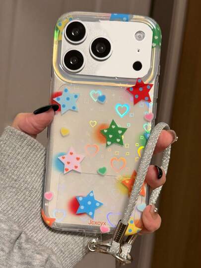 Luxury Laser Lover Heart Stars With Lanyard Clear Phone Case Compatible With IPhone 17 Pro Max 16 15 14 13 12 Pro Max 17 Pro 14 15 16 Plus 16 15 11 17 Transparent Shockproof Cover For Girl Gift