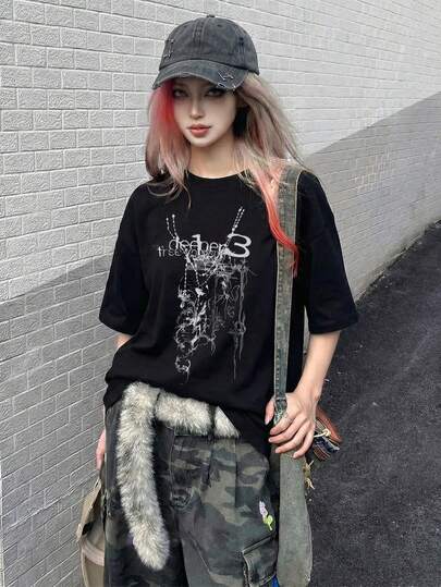 2026夏季新款圆领休闲宽松哥特风印花图案亚文化街头撞色深色男女通用短袖T恤