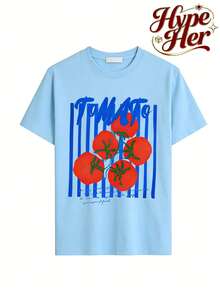 Women's Summer 'Tomato Vine Print Summer Garden Theme' Casual Vacation Style Loose Multi-Functional Crew Neck White Short Sleeve T-Shirt, Fashionable Everyday Top, Suitable For Daily Wear. - 淺藍色 - 查看 3
