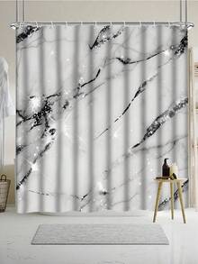 Marble Pattern Shower Curtain Set With 12 Hooks, Water-Resistant Polyester Knit Fabric, Wipe Clean, Includes U-Shaped Toilet Mat, Lid Cover, And Rug - Modern Bathroom Decor - A - View 6