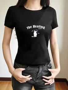 Women's Round Neck Short Sleeve T-Shirt American Hot Girl, Summer New Cartoon Cat Pattern And Letter Print Fashion Versatile Slim Fit Cropped Top - Black - View 2