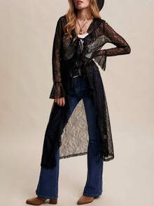 Women Lace Mesh Flowy Maxi Top Tie Front Cardigan Sheer Long Sleeve Ruffled Layering Shirt Cover Up - Black - View 6