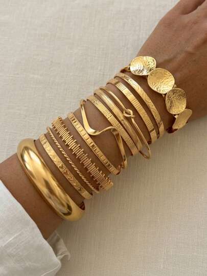 12-częściowy zestaw szerokich metalowych bransolet w stylu vintage z przesadnie luksusowym geometrycznym wzorem, do codziennego noszenia i na prezent