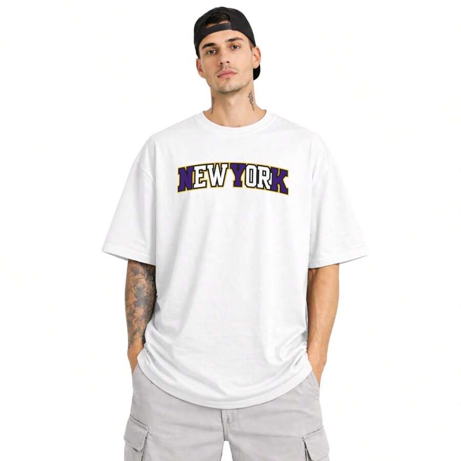 Men's Oversized Cotton Crew Neck Printed T-Shirt For Gym - Comfortable - White Purple - View 1