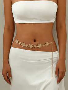 1件复古时尚个性化金属做旧链条花朵互扣腰链，波西米亚优雅百搭连衣裙腰带，适合女性任何场合 - 金色 - 查看 5