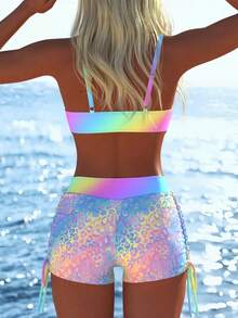 Fato de banho feminino, conjunto de praia para mulher, traje de banho para senhora, conjunto de duas peças, conjunto de biquíni para mulher, para verão, festival, férias e viagens - Multicolorido - Ver 3