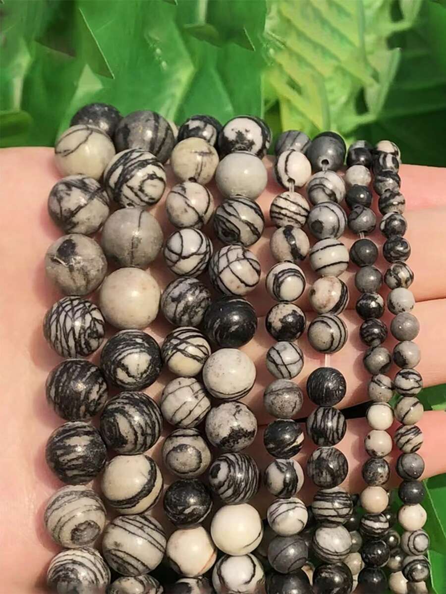 Đá tự nhiên 4 6 8 10mm, đá mạng nhện đen, đá quý tròn, đá rời, hạt đá năng lượng chữa bệnh, hạt đá nhẵn mịn để tự làm vòng tay, vòng cổ, bông tai, trang sức. - Đen và trắng - Xem 1