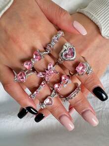 10pcs/Set Elegant High-End Unique Exquisite Fashion Pink Crystal Rings, Butterfly & Heart Shaped, Romantic Date Gift, Daily Wear Jewelry - Pink - View 8