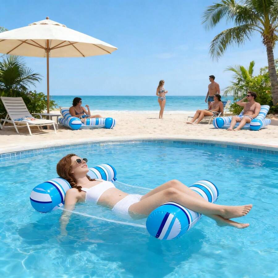 2 chiếc phao nằm thư giãn bơm hơi, thích hợp cho bãi biển và hồ bơi, biến bất kỳ khu vực nước nào thành nơi nghỉ dưỡng thư giãn của bạn, tận hưởng niềm vui và sự mát mẻ của mùa hè. - Thân tàu nổi 2 ống - Xem 1