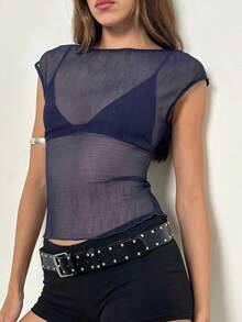 Women's Sheer Lace Tops Cap Sleeve Scoop Neck Solid Color T-Shirts Blouses - 藍色 - 查看 1