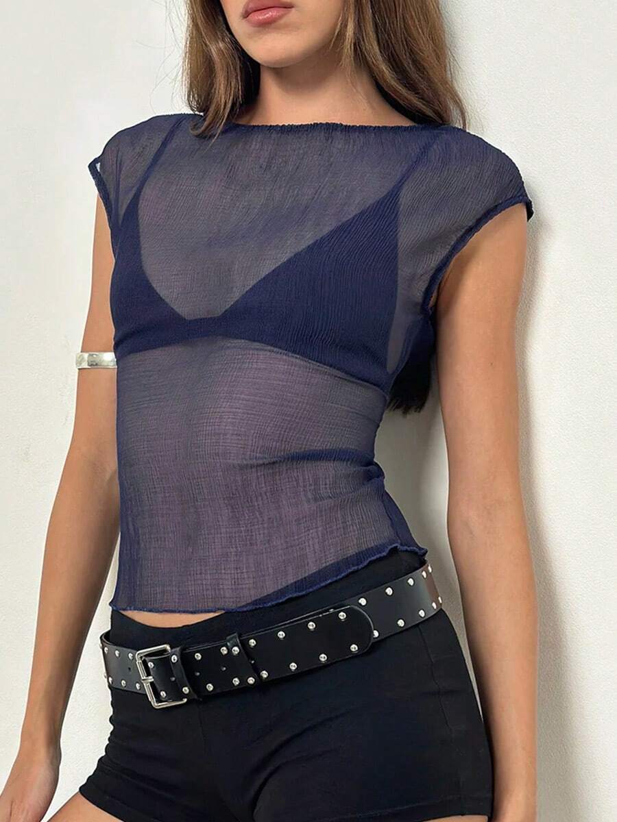 Women's Sheer Lace Tops Cap Sleeve Scoop Neck Solid Color T-Shirts Blouses - 藍色 - 查看 1