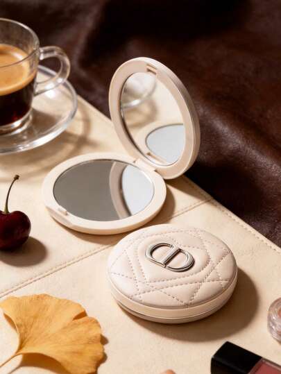 Dior Heart-Shaped Embossed Powder Compact, White With Rhombus Pattern Design, Silver CD Logo, Double-Sided Mirror Design For Convenient Touch-Up